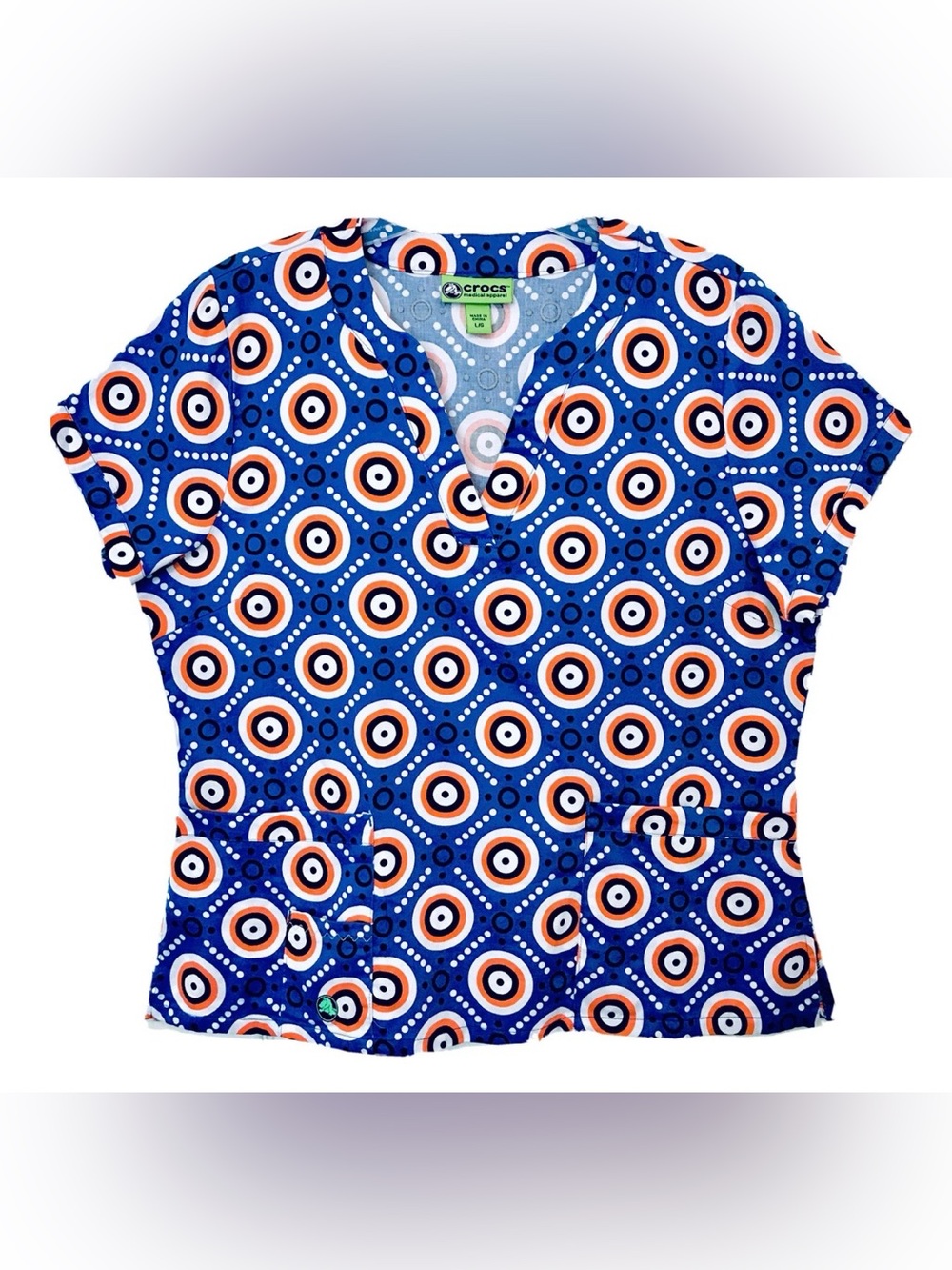 Crocs Medical Apparel Womens L Orange Blue Short Sleeve Split Neck  Scrub Top